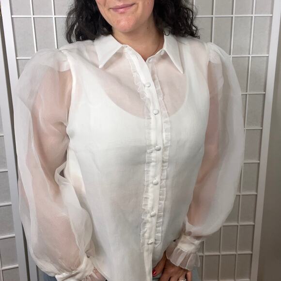 NWT Fate Curve Puff Sleeve White Button Down Blouse Ruffle Long Sleeve Shirt - Picture 6 of 8